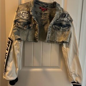 Denim and White Cropped Jacket with Patches